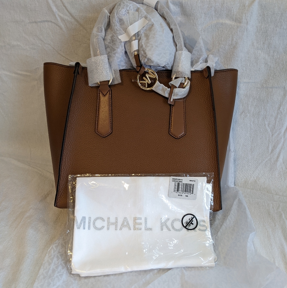Michael Kors Kris Large Pebbled Leather Satchel in Luggage Color